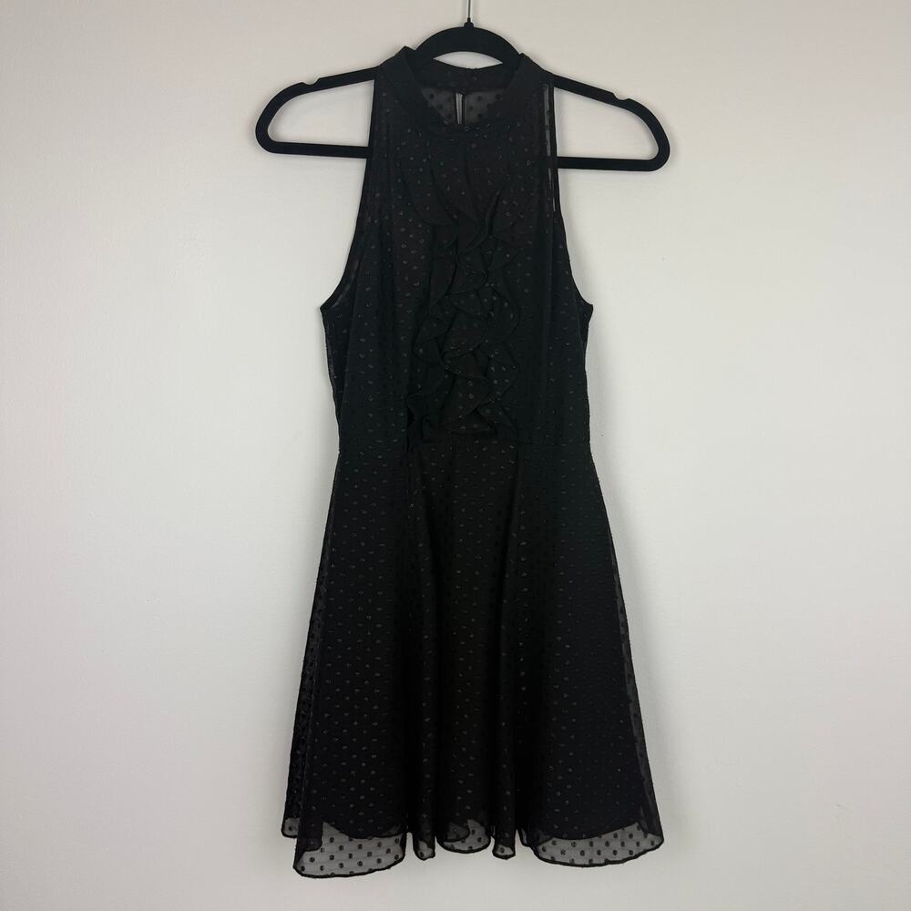 BCBGeneration Womens Sleeveless Halter High Neck Ruffle Dot Print Black Dress 6